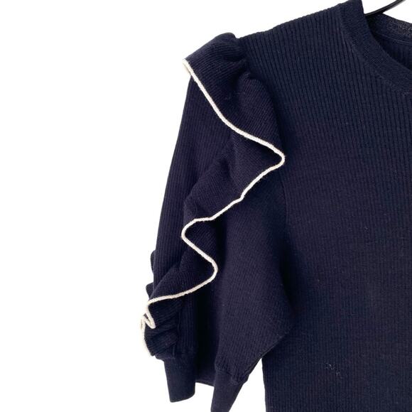 Frame Navy Blue White Wool Knit Sweater Ruffle Sleeve size medium - Picture 7 of 12